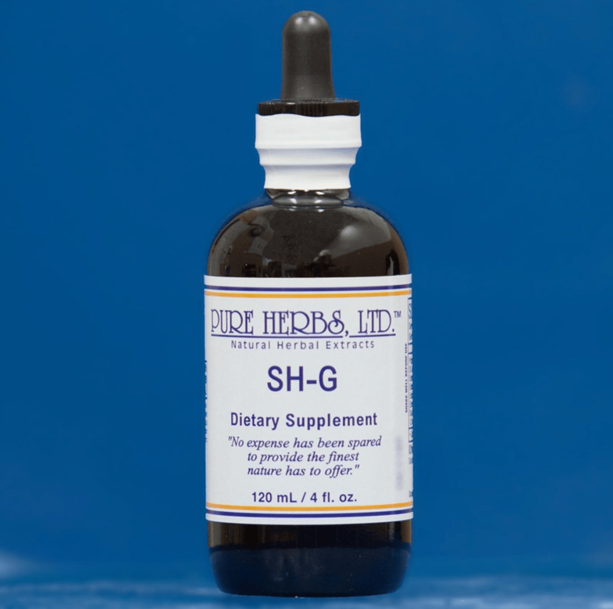 A 120 mL amber glass dropper bottle of Pure Herbs, Ltd. SH-G dietary supplement, featuring a white label and black dropper cap, set against a solid blue background.