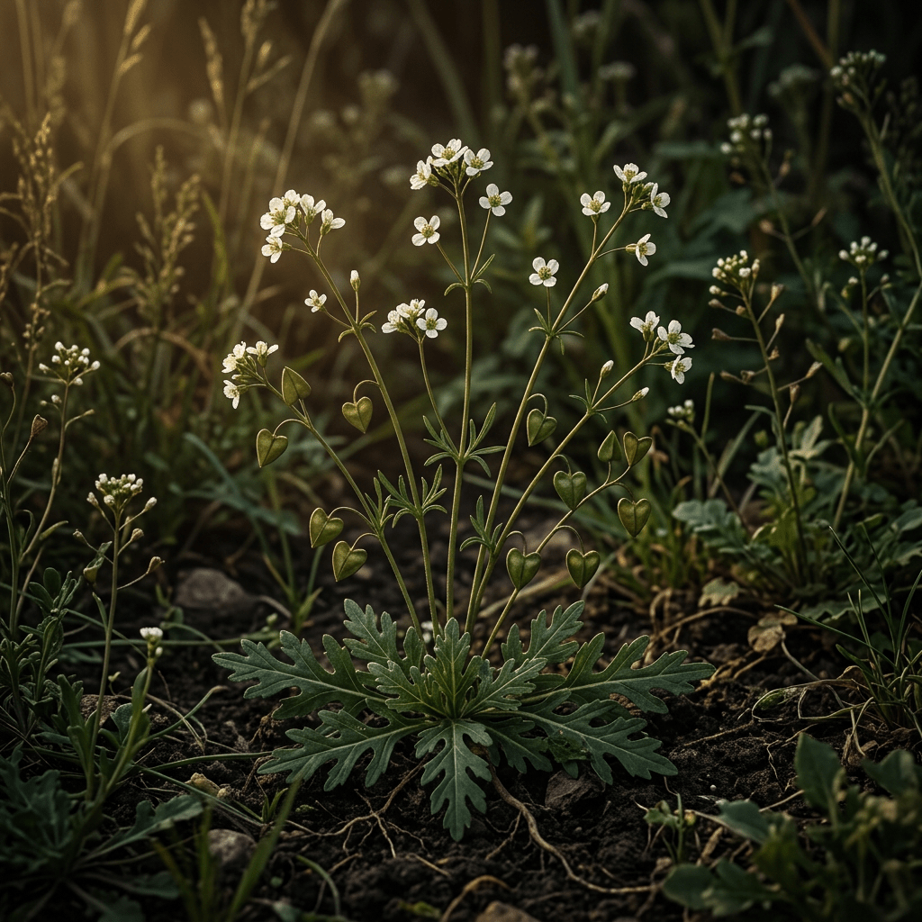 Shepherd’s purse growing naturally in a moody garden