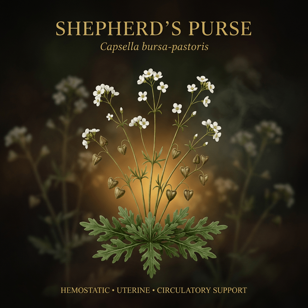 Shepherd’s purse botanical editorial image with gold serif text