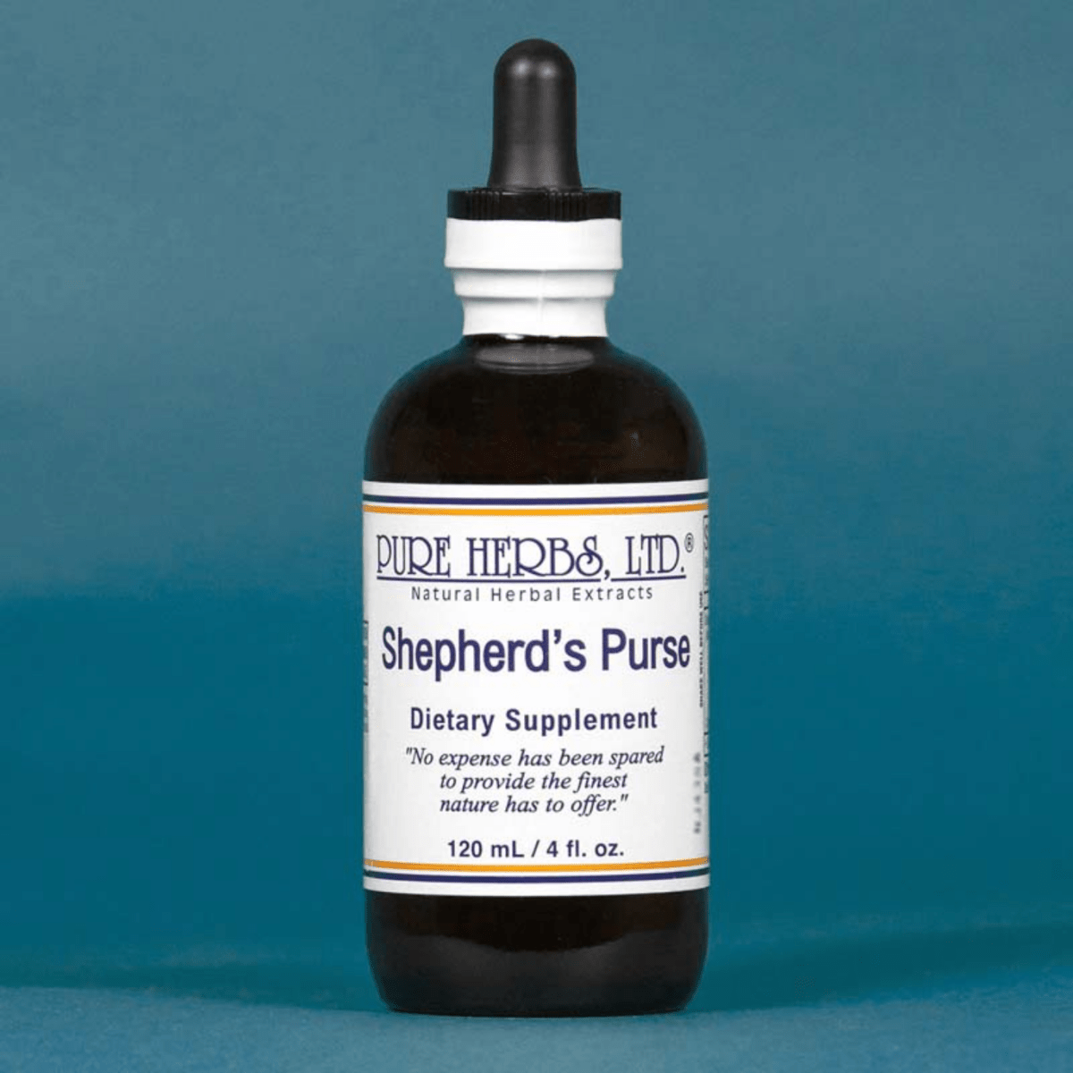 A 120 mL amber glass dropper bottle of Pure Herbs, Ltd. Shepherd's Purse dietary supplement, set against a solid teal-blue background.
