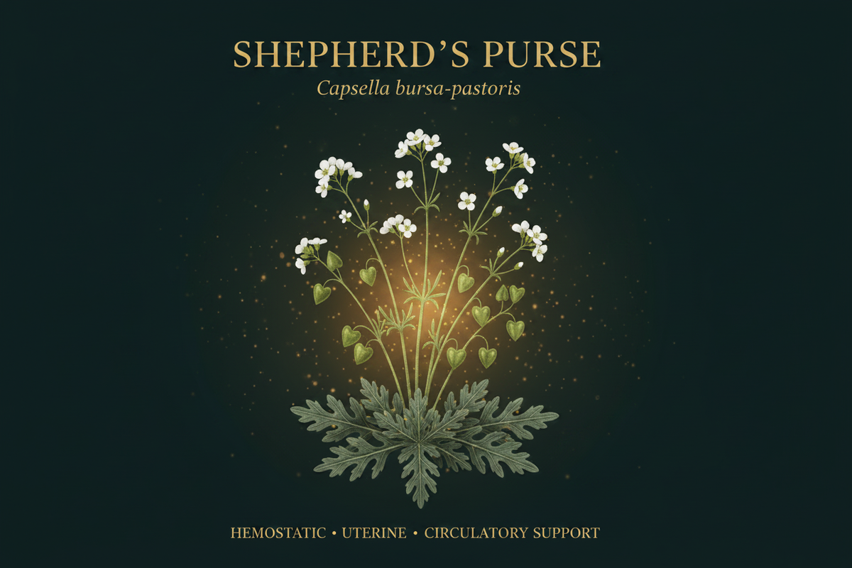 A dark botanical product graphic for Shepherd's Purse, showing a central illustration of the plant with small white flowers, green leaves, and a warm golden glow. Gold text at the top reads 'SHEEPHERD'S PURSE' and smaller text below reads 'Capsella bursa-pastoris'; additional text at the bottom says 'HEMOSTATIC • UTERINE • CIRCULATORY SUPPORT'.