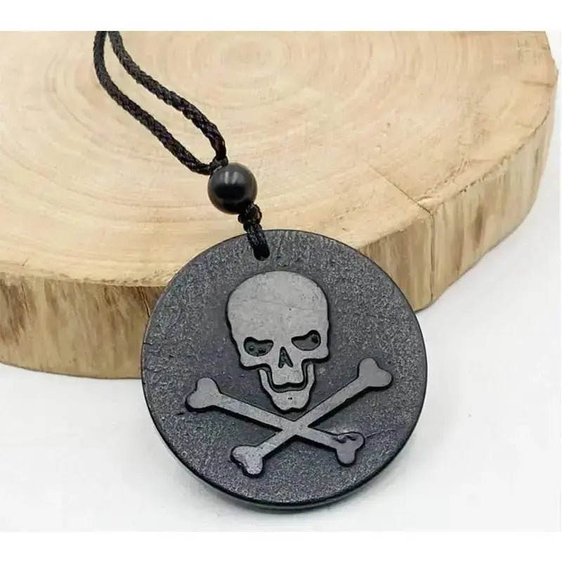 Shungite round pendant with Skull engraving – EMF Protection & Energy Balancing Stone - Futures ETC,