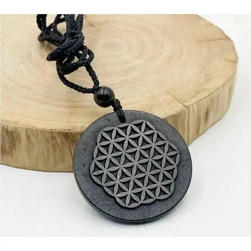Shungite Round Pendant with Flower of Life symbol engraving – EMF Protection & Energy Balancing Stone - Futures ETC
