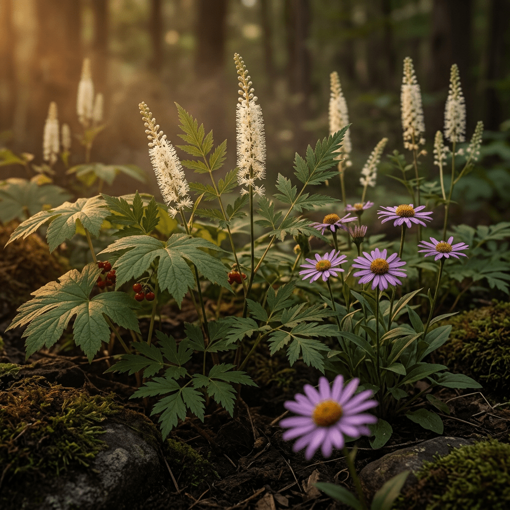 SIA-R-inspired botanicals in a moody woodland garden