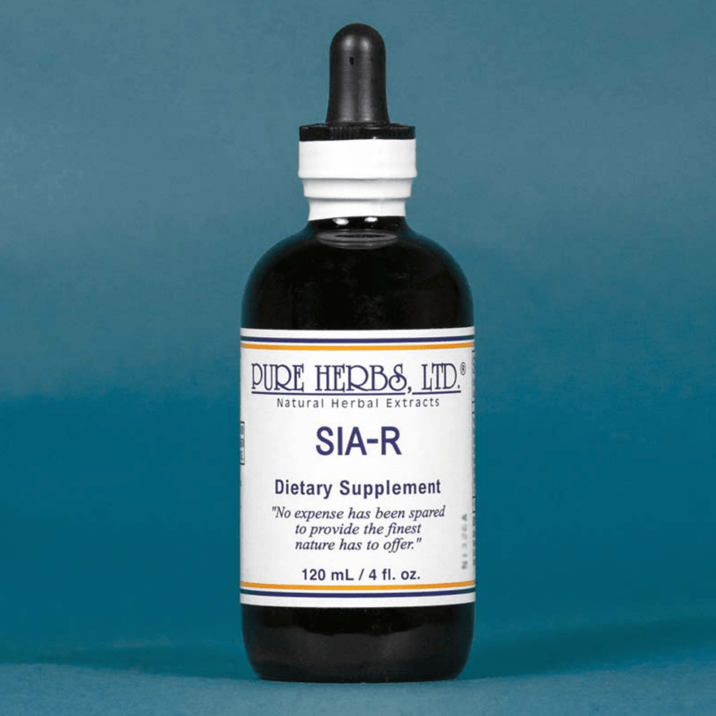 A 120 mL amber glass dropper bottle of Pure Herbs Ltd. SIA-R dietary supplement, featuring a white label with blue and orange text, set against a solid teal-blue background.