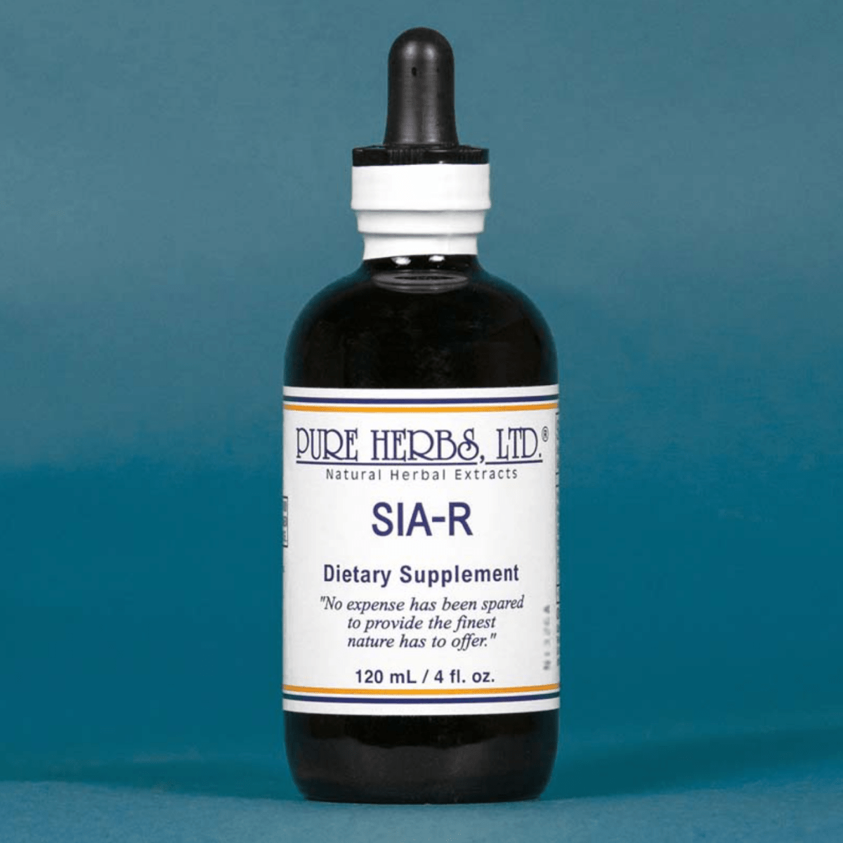 A 120 mL amber glass dropper bottle of Pure Herbs Ltd. SIA-R dietary supplement, featuring a white label with blue and orange text, set against a solid teal-blue background.