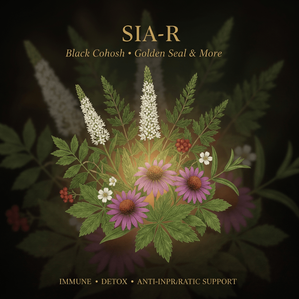 SIA-R botanical editorial image with gold serif text