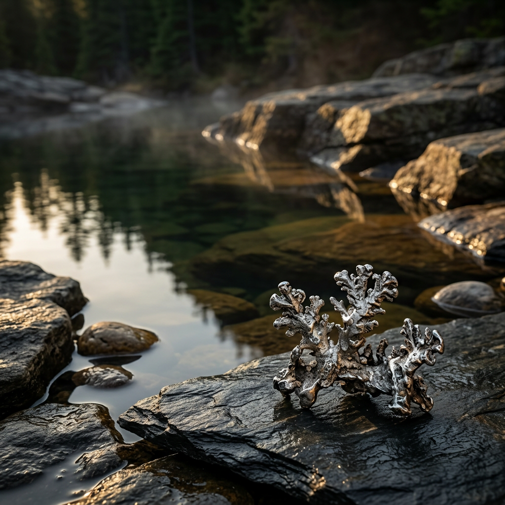 Silver-inspired mineral scene beside a mountain pool