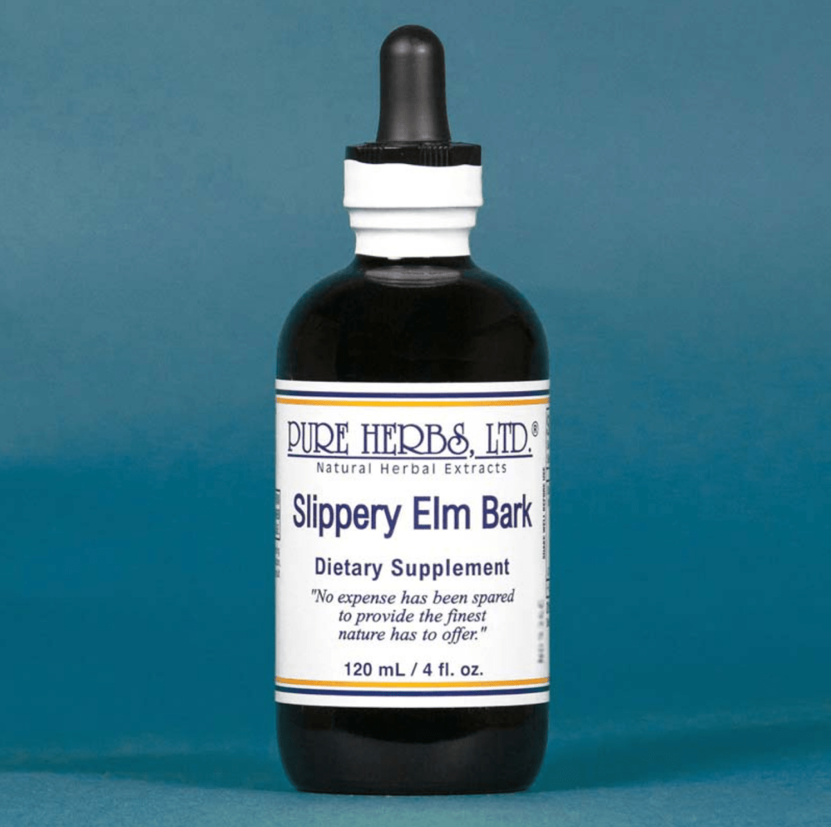 A 120 mL bottle of Pure Herbs, Ltd. Slippery Elm Bark dietary supplement, featuring a dark amber glass bottle, white cap, and a white label with blue text, set against a solid blue background.