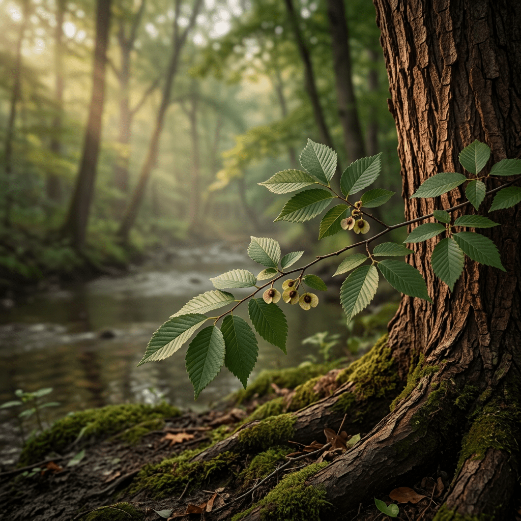 Slippery elm in a misty floodplain woodland