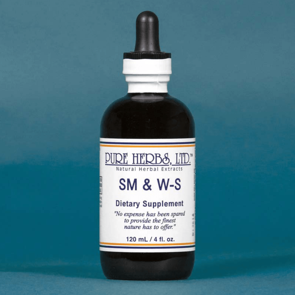 A dark amber glass dropper bottle of Pure Herbs Ltd. SM & W-S dietary supplement, featuring a white label with blue text, set against a solid blue background.