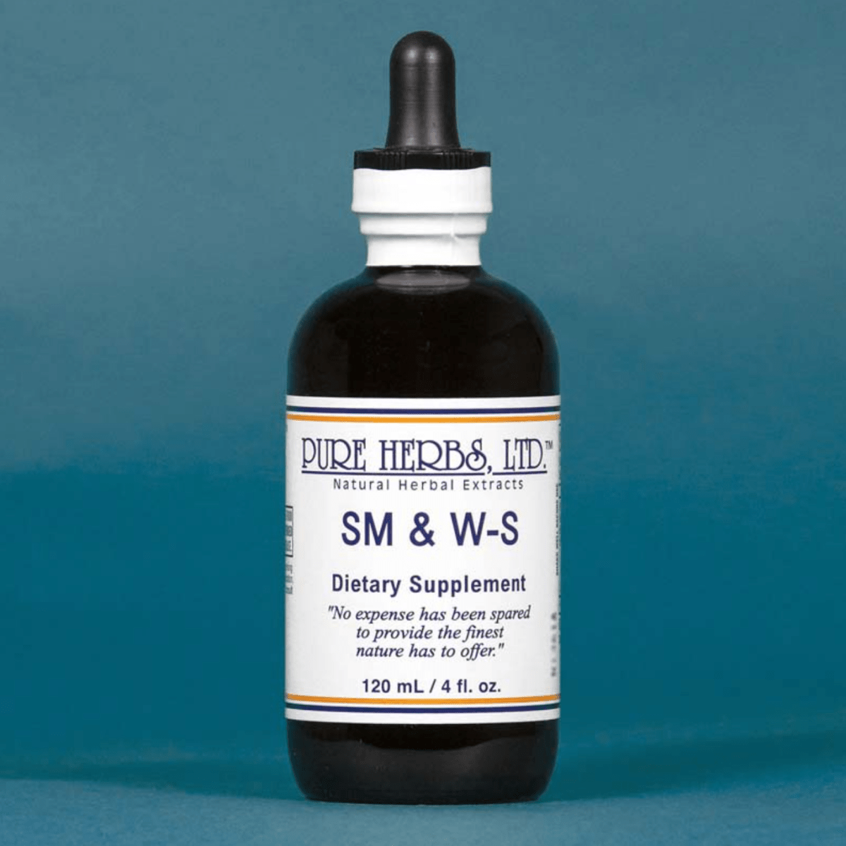 A dark amber glass dropper bottle of Pure Herbs Ltd. SM & W-S dietary supplement, featuring a white label with blue text, set against a solid blue background.