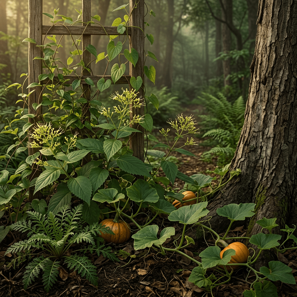SM & W-S botanicals around a rustic garden trellis