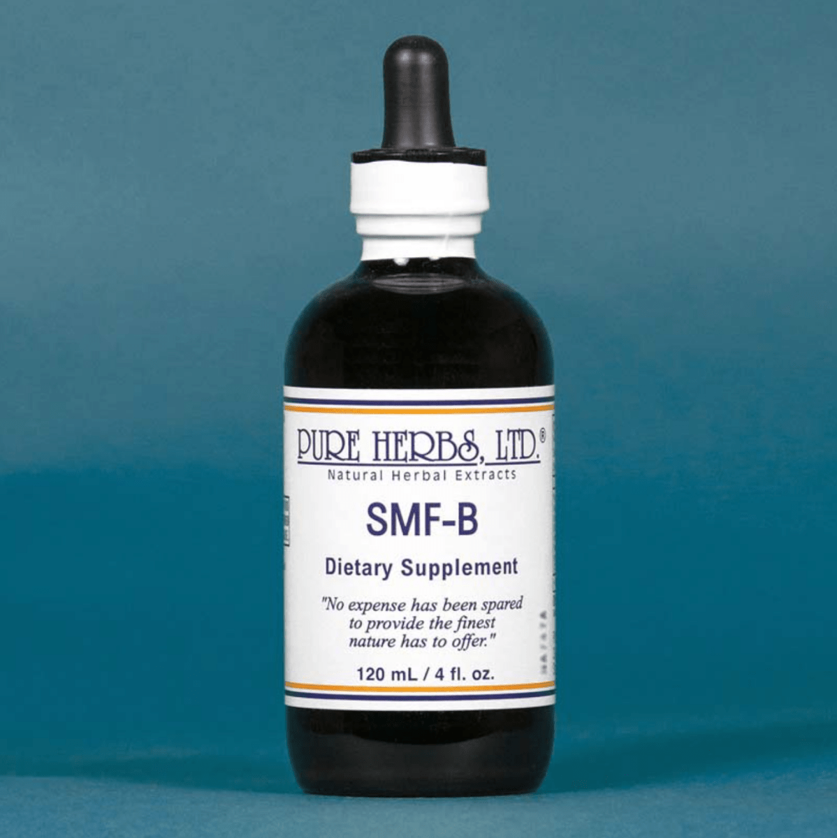 A 120 mL bottle of SMF-B dietary supplement by Pure Herbs Ltd., featuring a dark amber glass bottle, white label, and black dropper cap, set against a solid blue background.