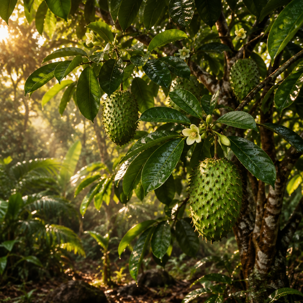 Soursop growing naturally in a moody tropical garden
