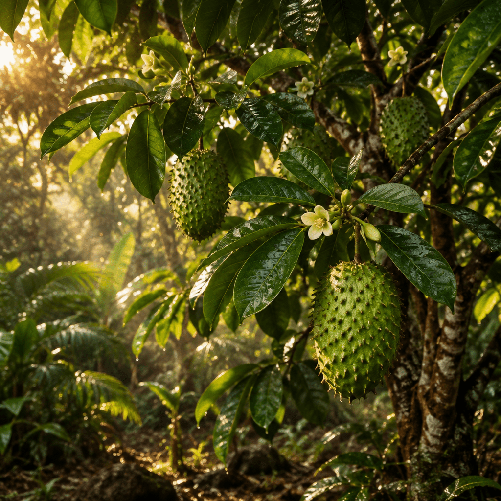 Soursop growing naturally in a moody tropical garden