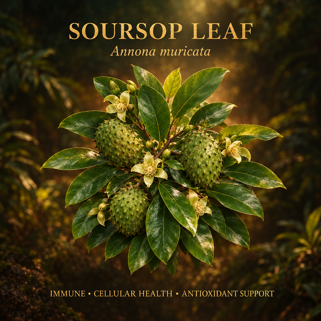 Soursop leaf botanical editorial image with gold serif text