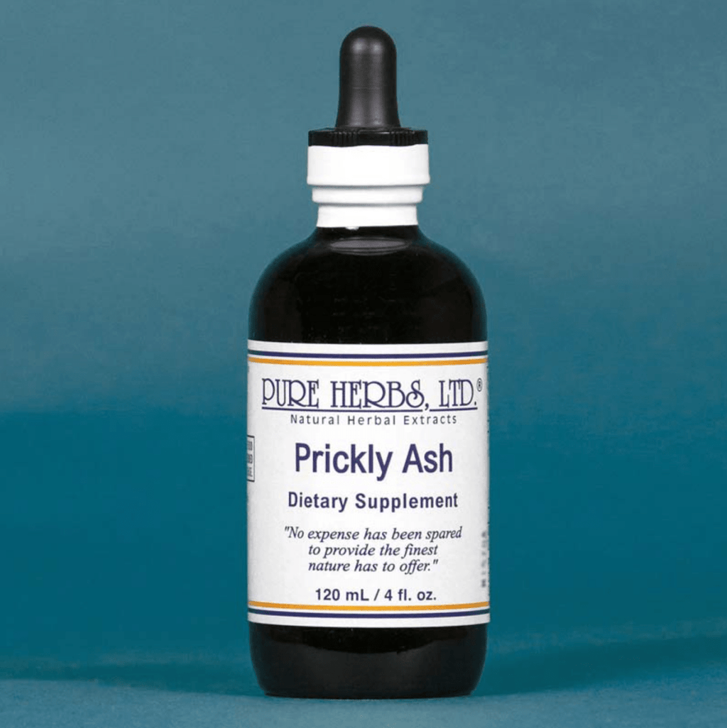A dark amber glass dropper bottle of Pure Herbs, Ltd. Prickly Ash dietary supplement, featuring a white label with blue text and orange accent lines, set against a solid blue background.