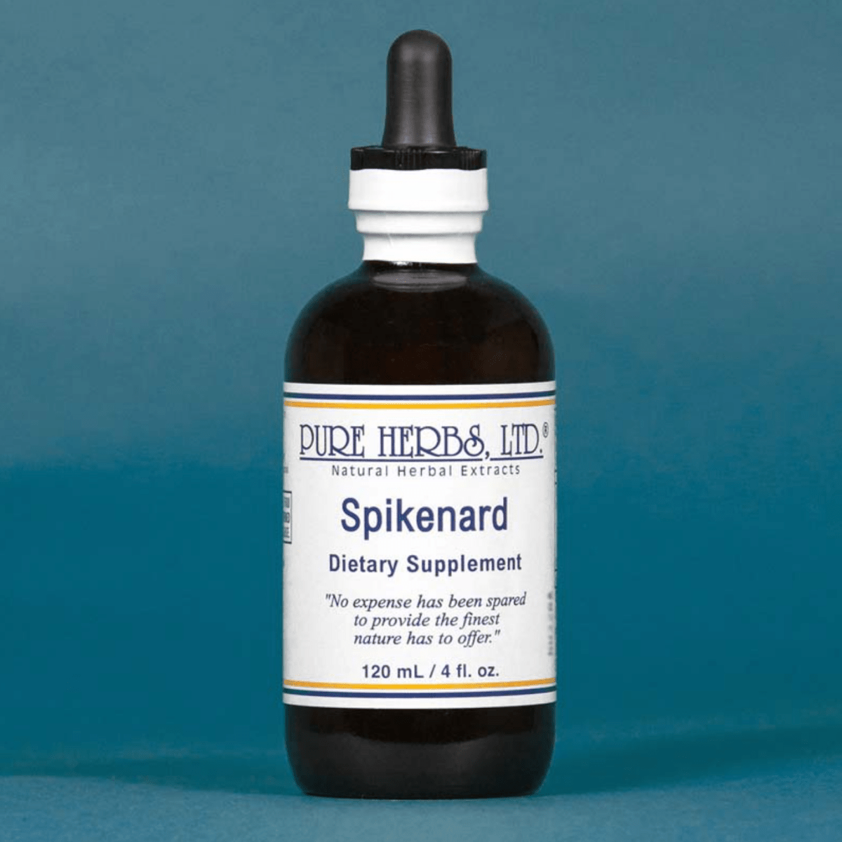 A 120 mL amber glass dropper bottle of Pure Herbs Ltd. Spikenard dietary supplement, featuring a white label with blue text, set against a solid teal-blue background.