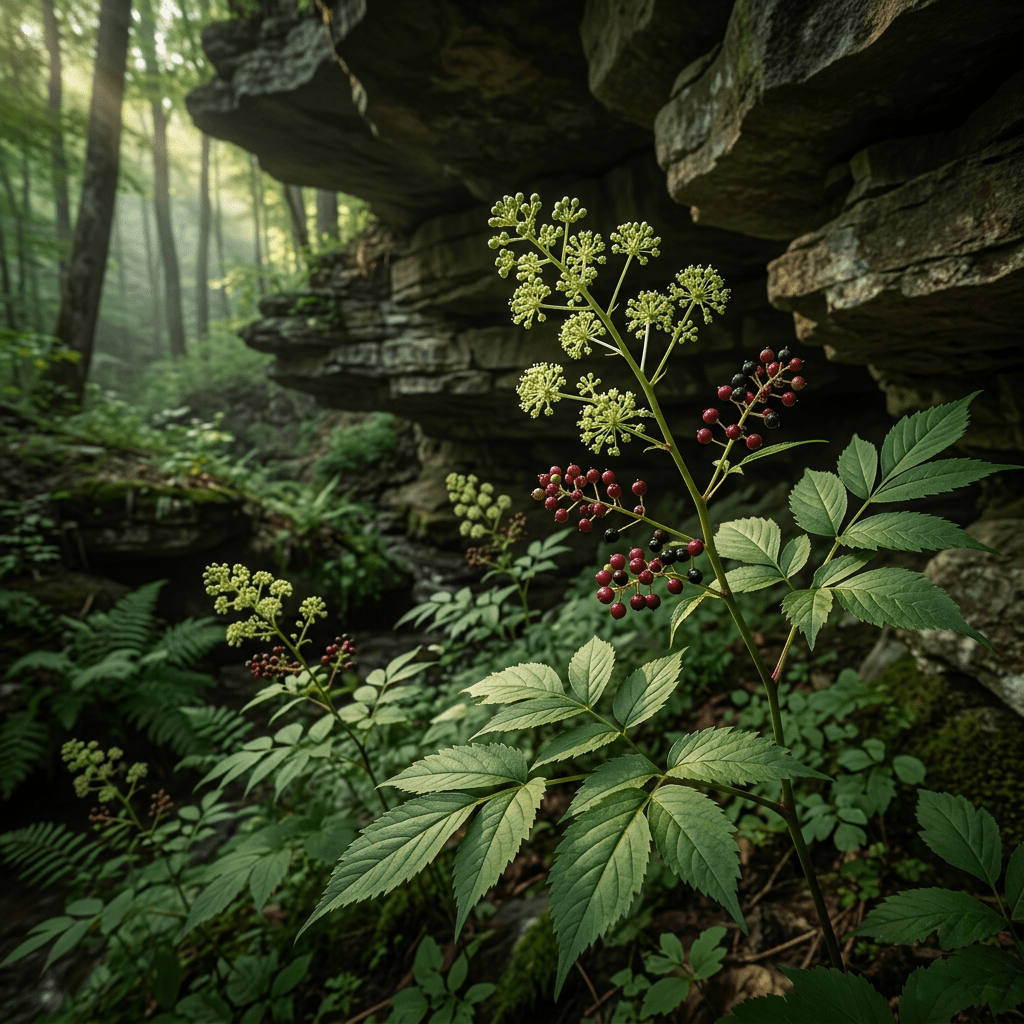 Spikenard growing beneath a rocky forest overhang