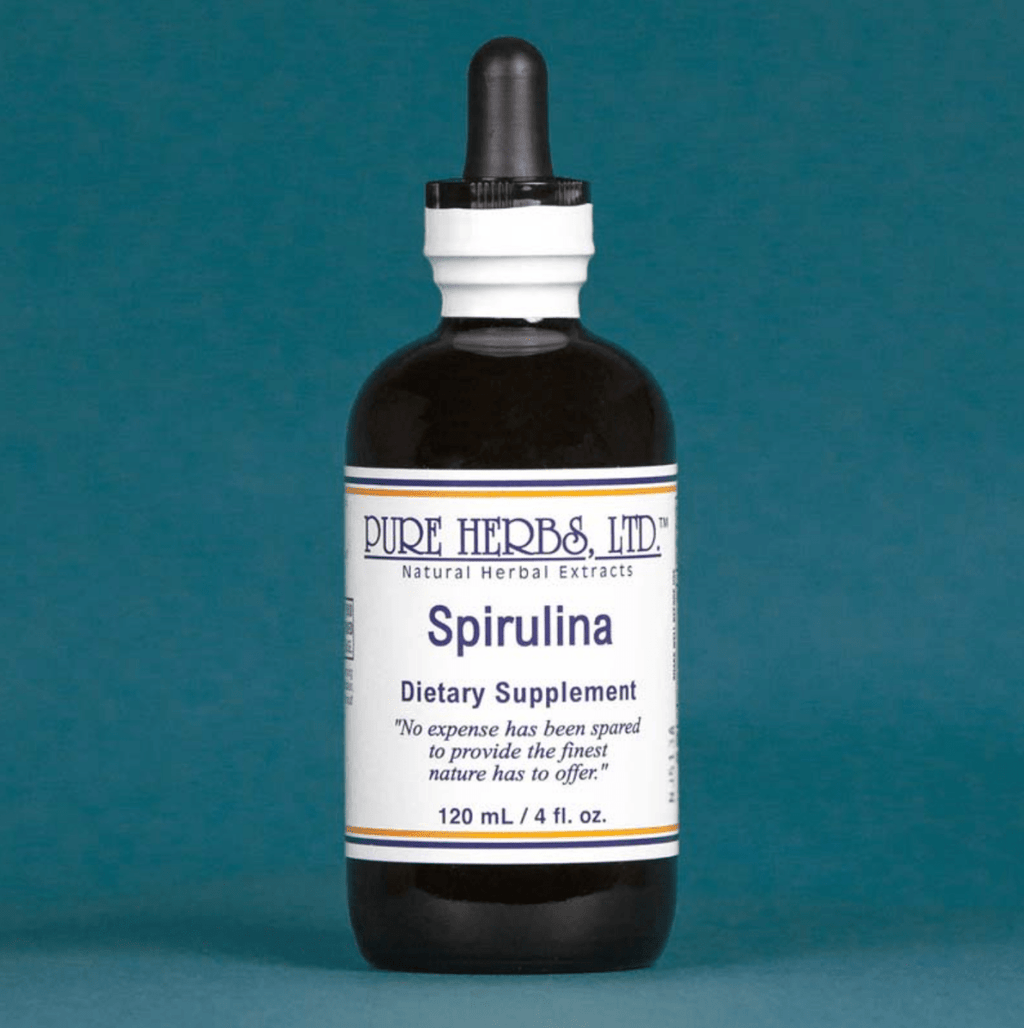 A 120 mL amber glass dropper bottle of Pure Herbs, Ltd. Spirulina dietary supplement, set against a solid teal background.