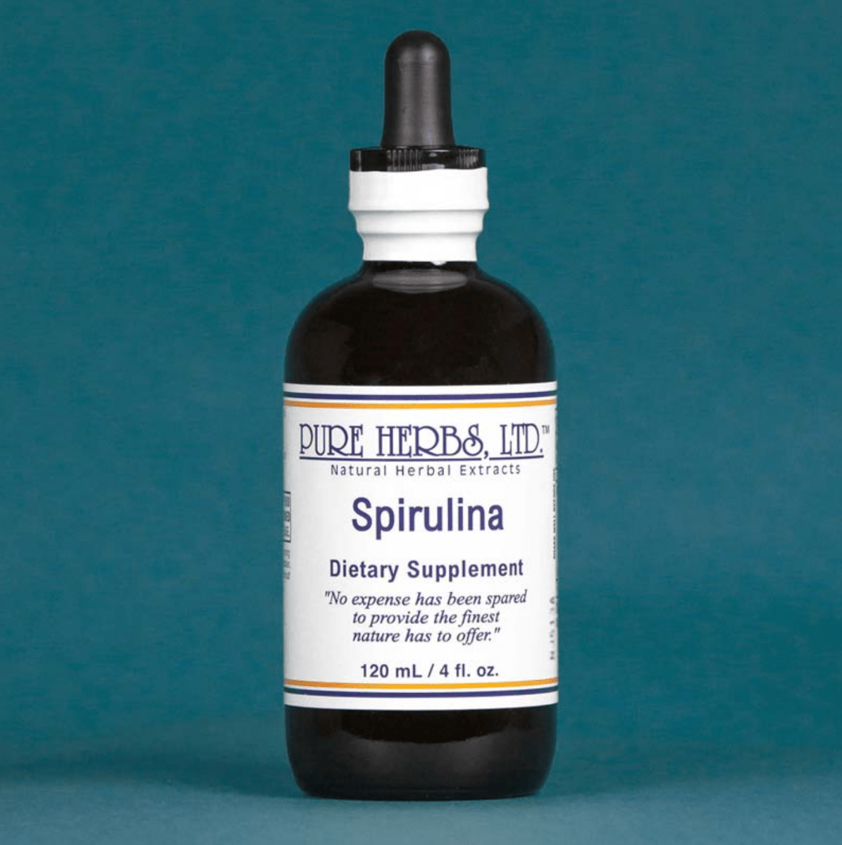 A 120 mL amber glass dropper bottle of Pure Herbs, Ltd. Spirulina dietary supplement, set against a solid teal background.