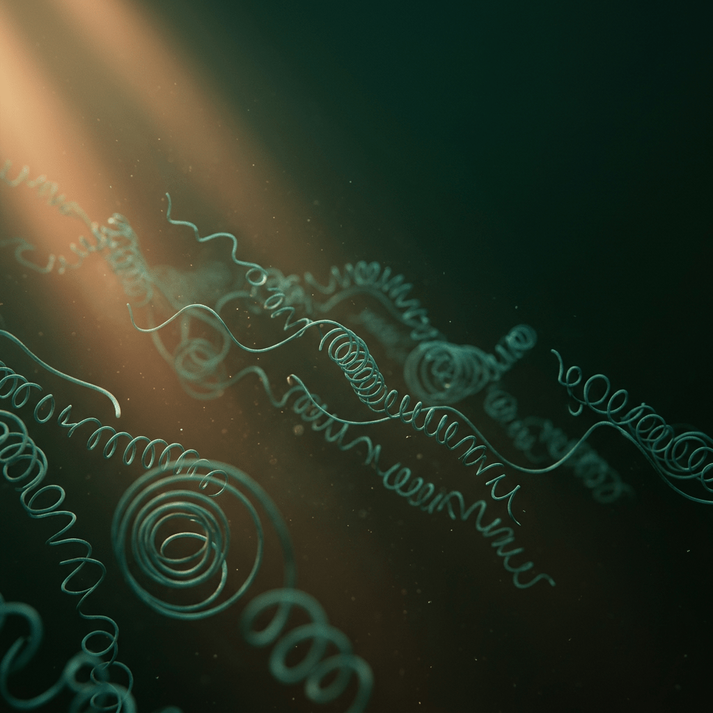 Reimagined spirulina colony drifting through dark teal water with amber light