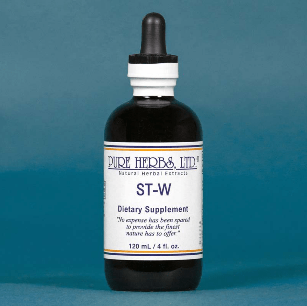 A dark amber glass dropper bottle of Pure Herbs Ltd. ST-W Dietary Supplement, featuring a white label and black dropper cap, set against a solid blue background.