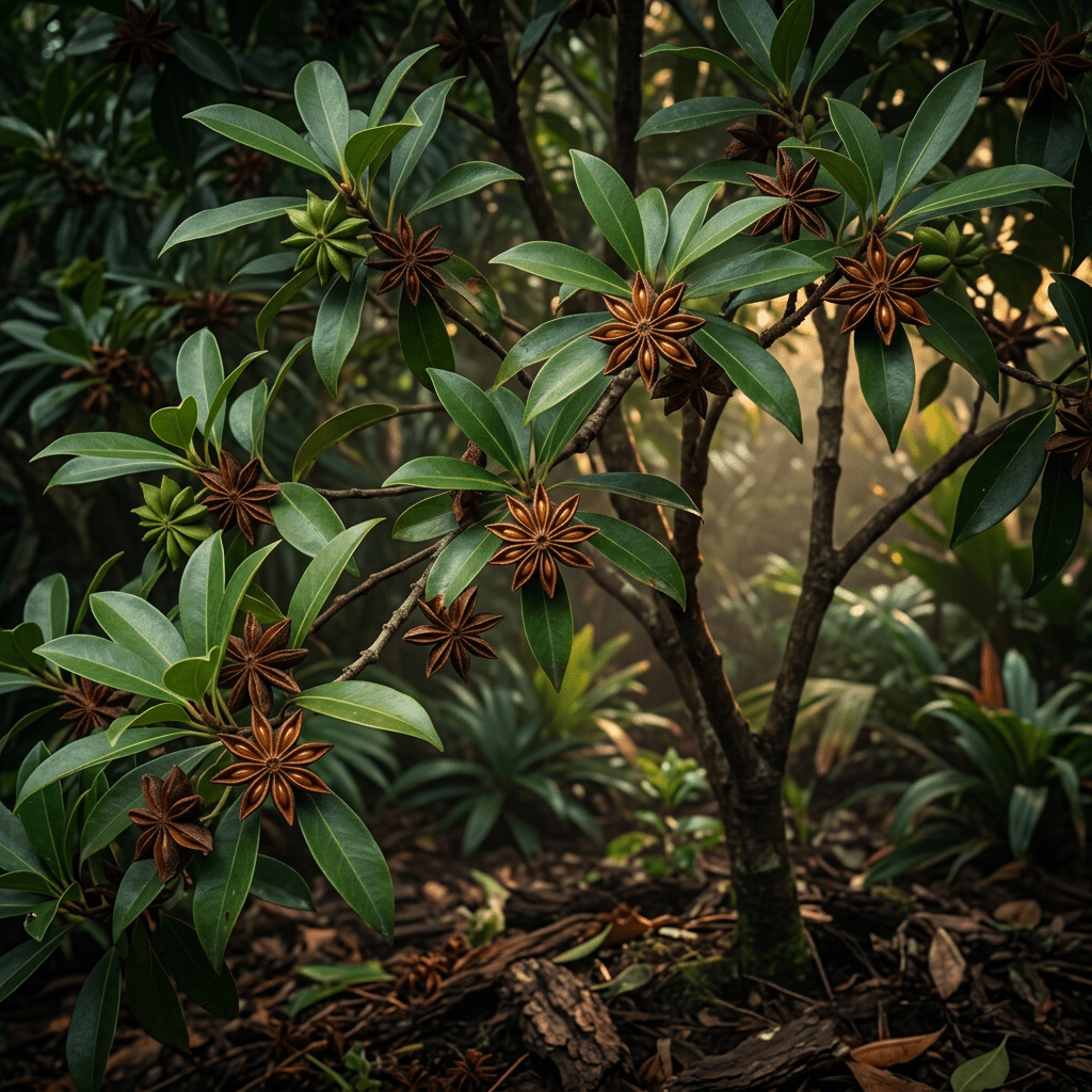 Star anise growing naturally in a moody woodland garden