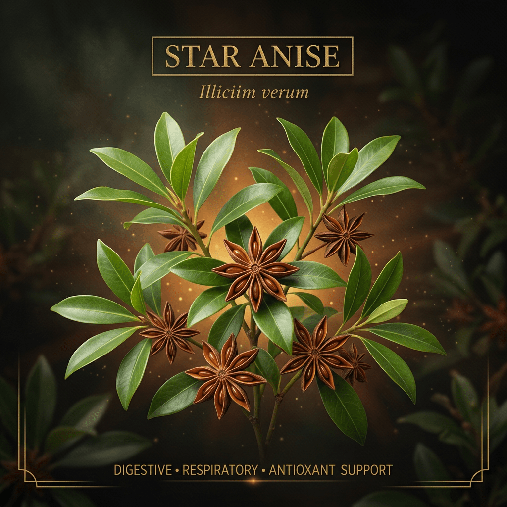 Star anise botanical editorial image with gold serif text