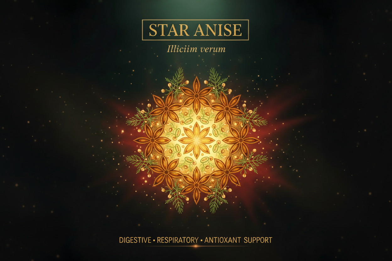 A decorative graphic for a supplement called Star Anise, showing a glowing golden star-shaped botanical design in the center on a dark background with text reading 'STAR ANISE', 'Illiciti verum', and 'DIGESTIVE • RESPIRATORY • ANTIOXIDANT SUPPORT'.