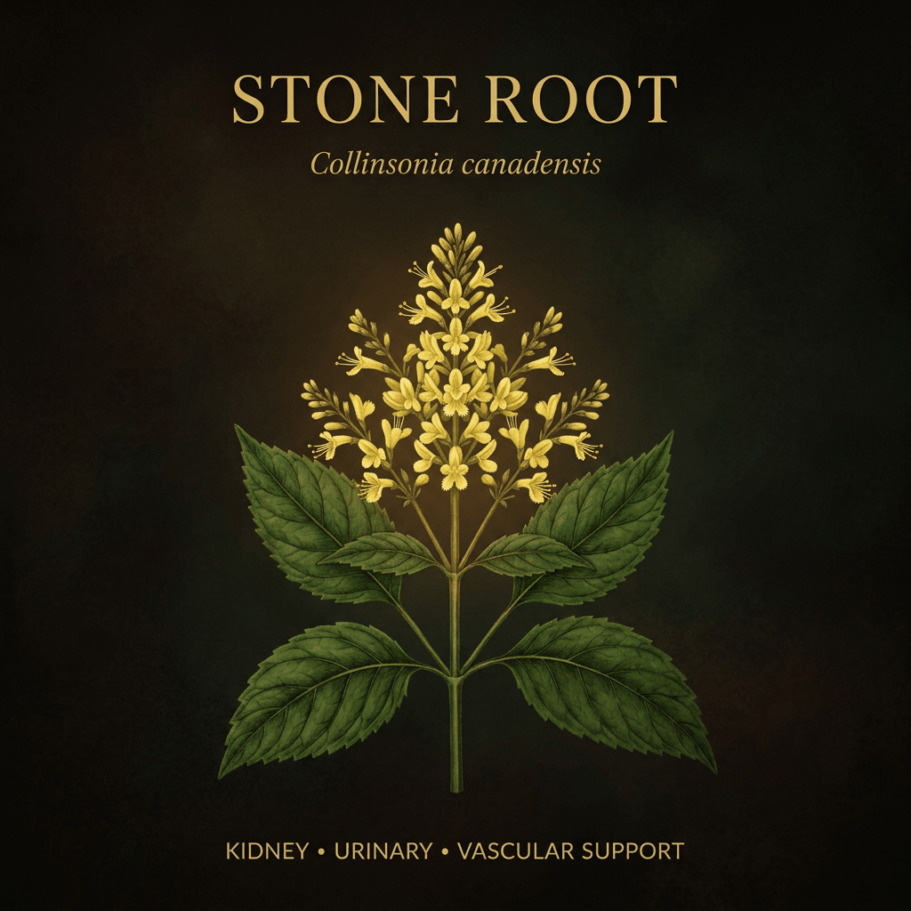 Stone root editorial botanical image with gold serif text