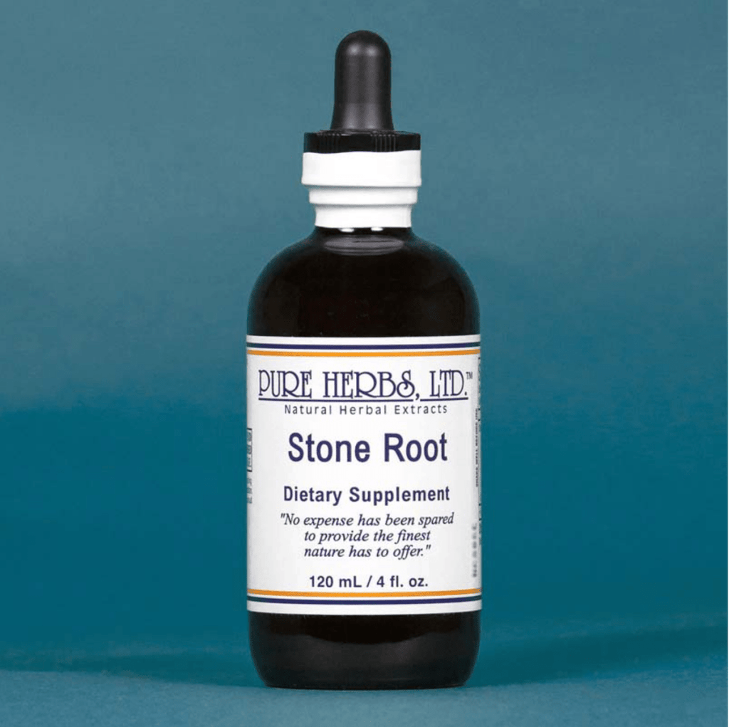 A 120 mL amber glass dropper bottle of Pure Herbs Ltd. Stone Root dietary supplement, set against a solid teal-blue background.