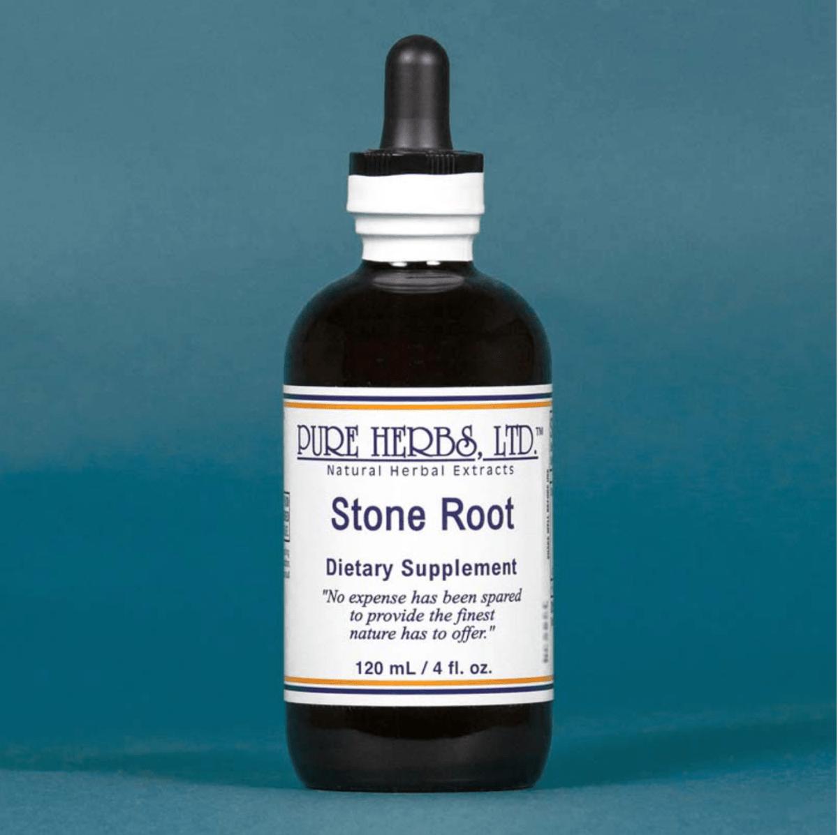 A 120 mL amber glass dropper bottle of Pure Herbs Ltd. Stone Root dietary supplement, set against a solid teal-blue background.