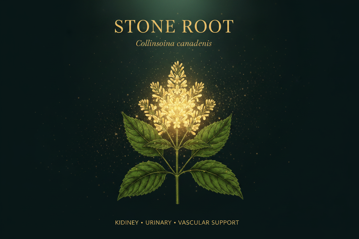 A digital graphic featuring a botanical illustration of a Stone Root plant (Collisolina canadensis) with glowing golden-yellow flowers and green leaves on a dark, textured background. Text overlays read 'STONE ROOT', 'Collisolina canadensis', and 'KIDNEY • URINARY • VASCULAR SUPPORT'.