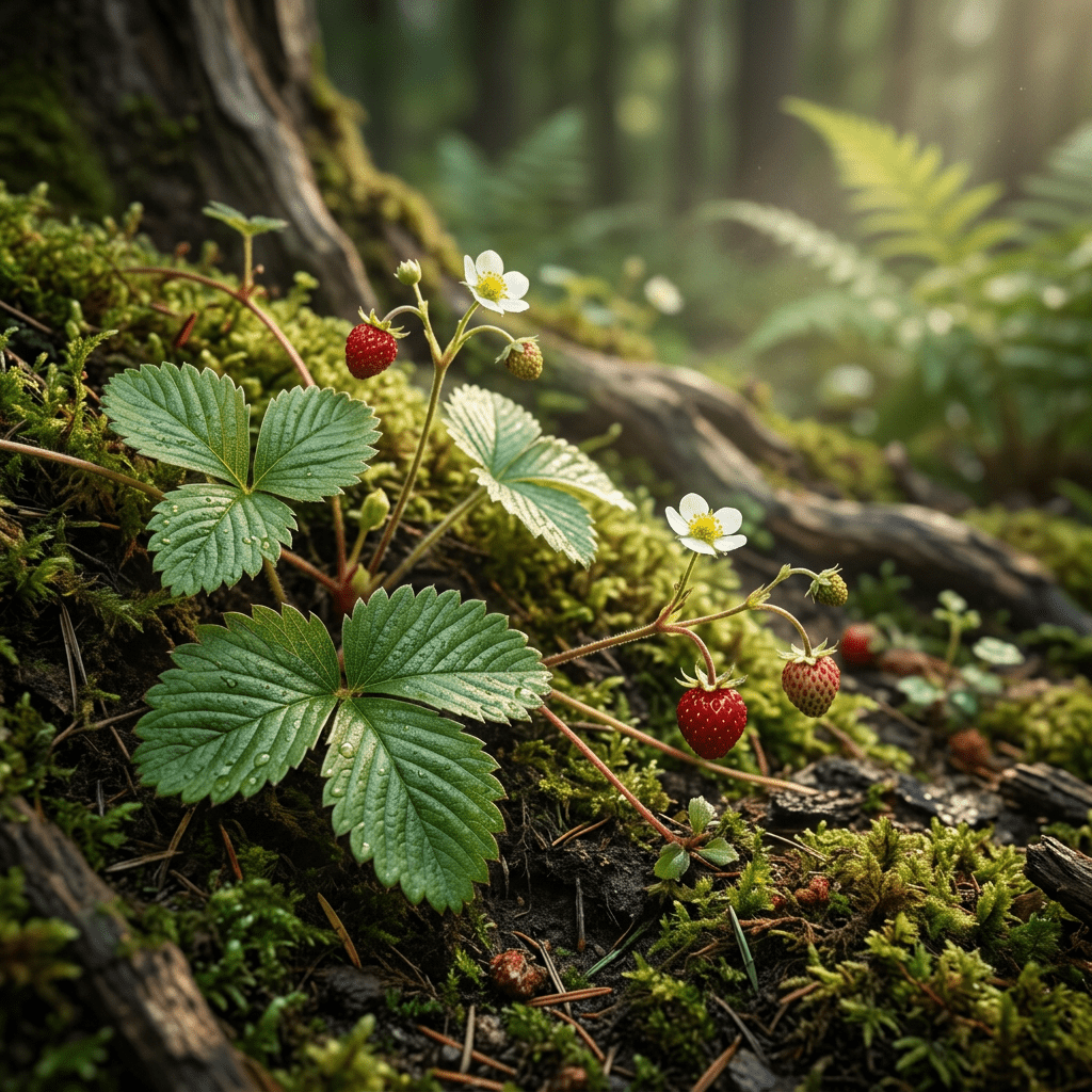 Woodland strawberries growing along a mossy bank