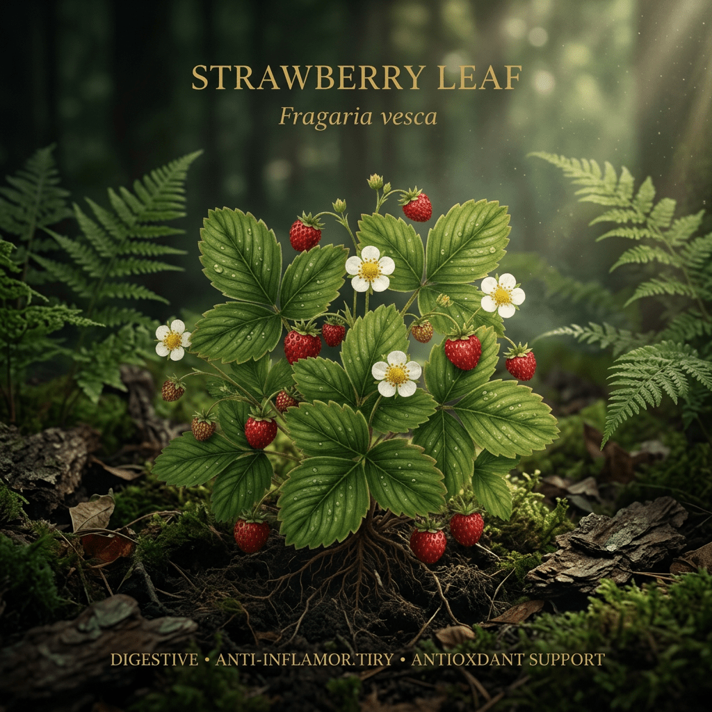 Strawberry leaf editorial image in golden woodland light