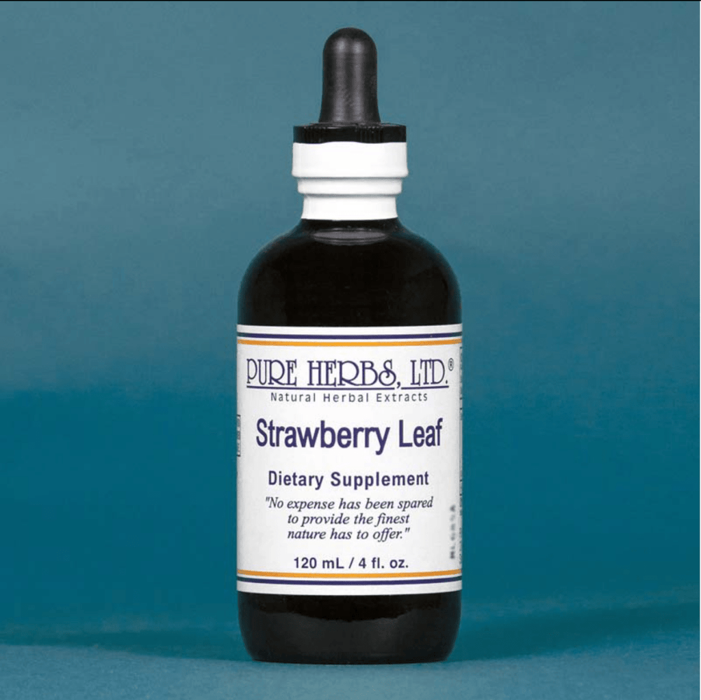 A dark amber glass dropper bottle of Pure Herbs Ltd. Strawberry Leaf dietary supplement, featuring a white label with blue text, set against a solid blue background.