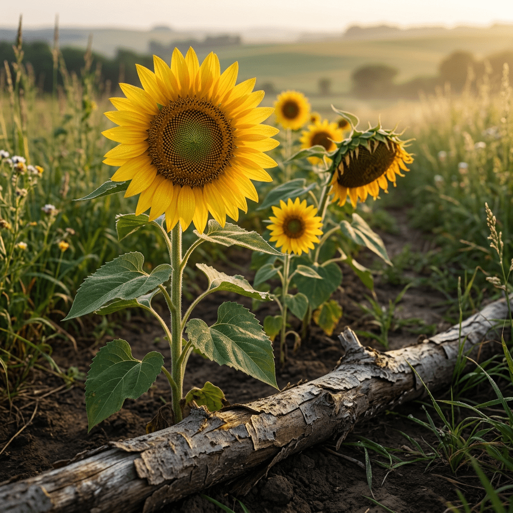Sunflowers growing along a golden-lit meadow border