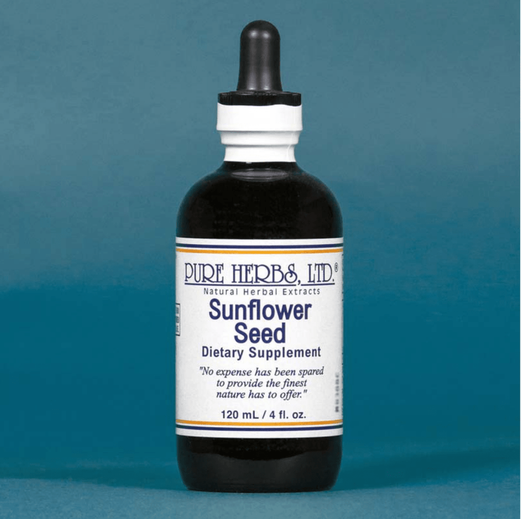A bottle of Pure Herbs Ltd. Sunflower Seed Dietary Supplement, 120 mL, featuring a dark amber glass bottle, white label, and black dropper cap, set against a solid blue background.