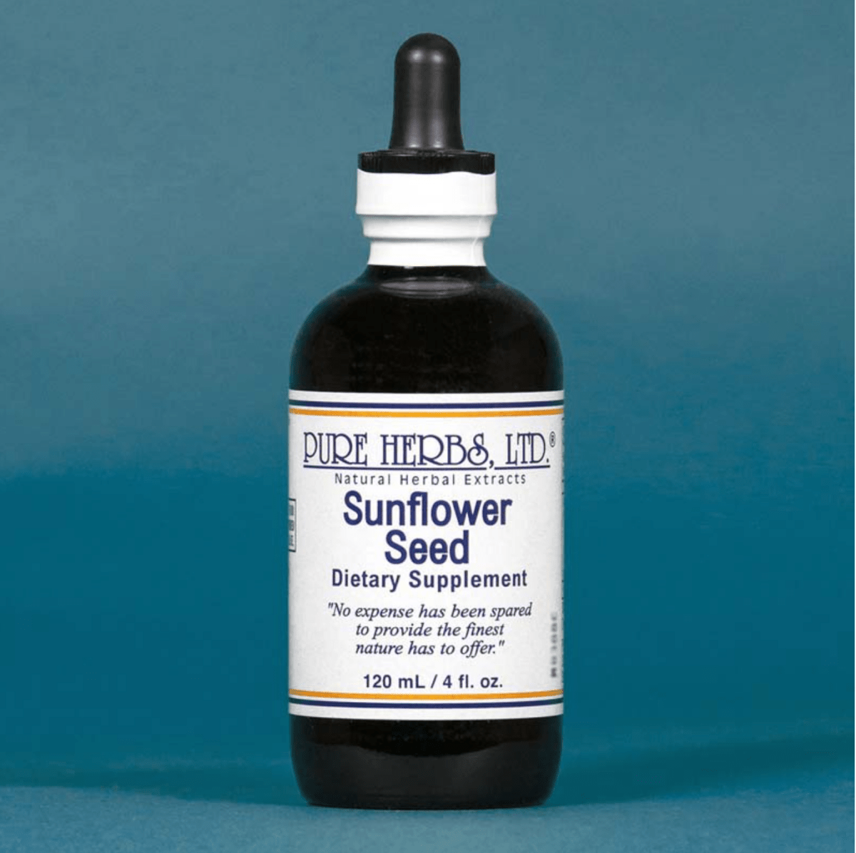 A bottle of Pure Herbs Ltd. Sunflower Seed Dietary Supplement, 120 mL, featuring a dark amber glass bottle, white label, and black dropper cap, set against a solid blue background.
