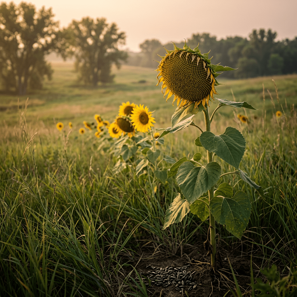 Sunflowers growing among prairie grasses