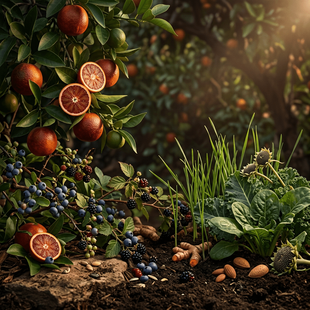 Fruits and greens in a moody garden-inspired scene