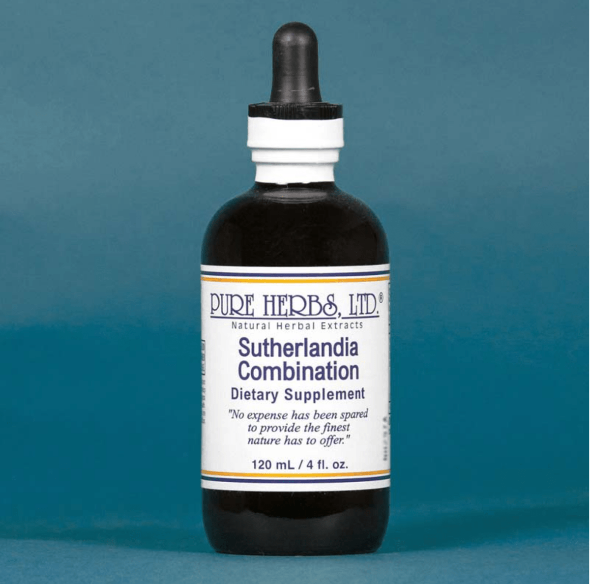 A 120 mL bottle of Pure Herbs, Ltd. Sutherlandia Combination dietary supplement, featuring a dark amber glass bottle, white dropper cap, and a white label with blue and orange text, set against a solid blue background.
