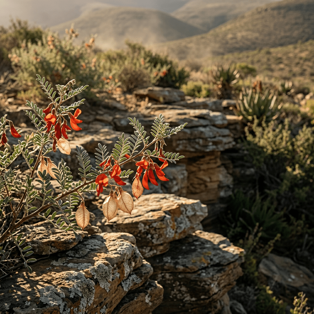 Sutherlandia growing on a rocky South African hillside