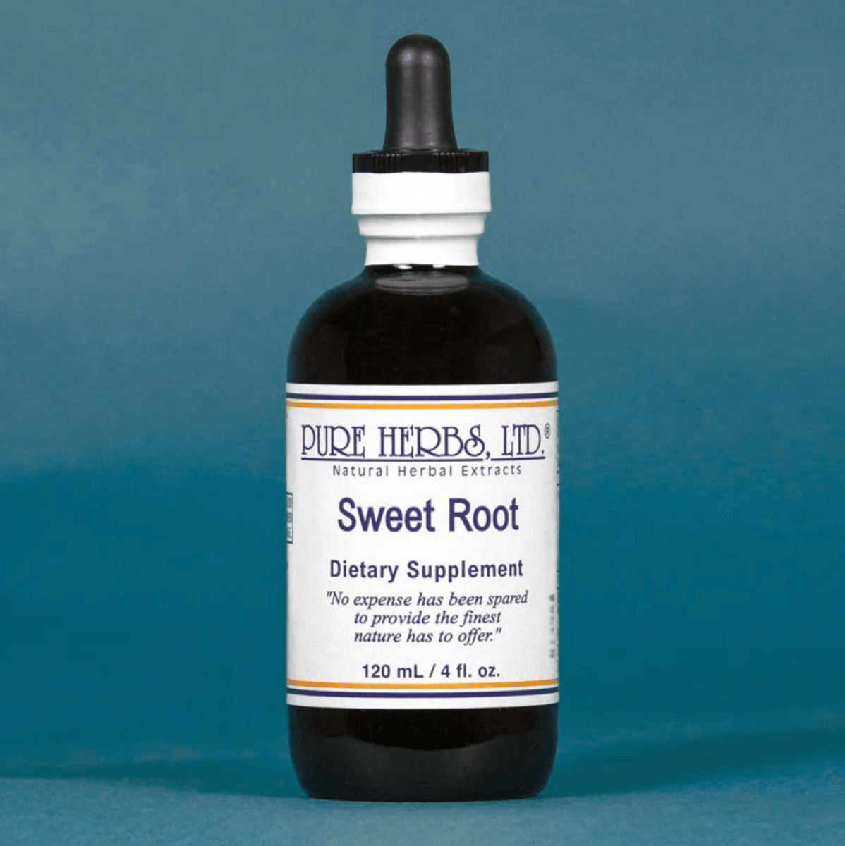 A dark amber glass dropper bottle of Pure Herbs, Ltd. Sweet Root dietary supplement, featuring a white label and black dropper cap, set against a solid slate blue background.