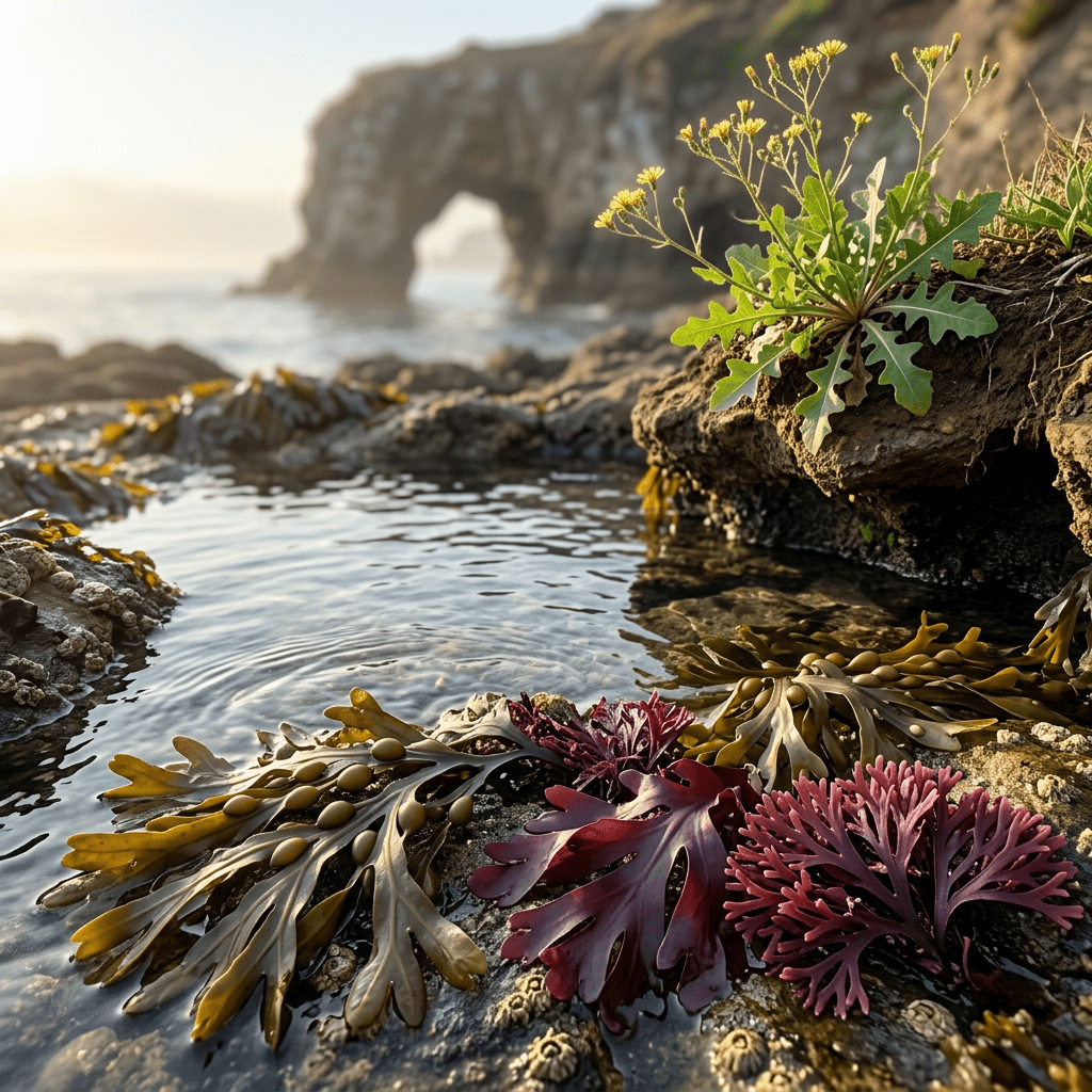 T-W botanicals around a golden-lit tide pool