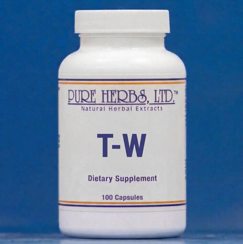 A white plastic bottle of Pure Herbs, Ltd. T-W dietary supplement with a white cap, set against a solid blue background.