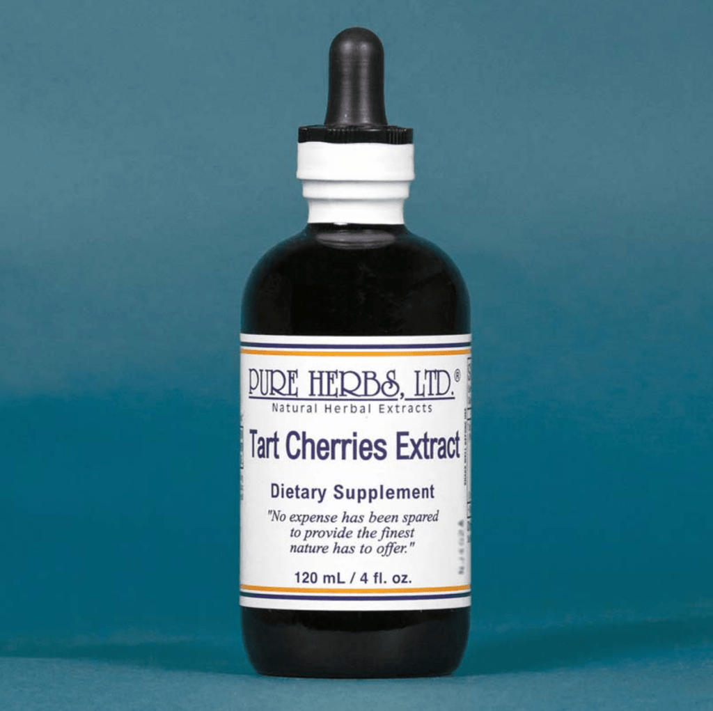 A dark amber glass bottle of Pure Herbs, Ltd. Tart Cherries Extract dietary supplement with a white label and black dropper cap, set against a solid blue background.