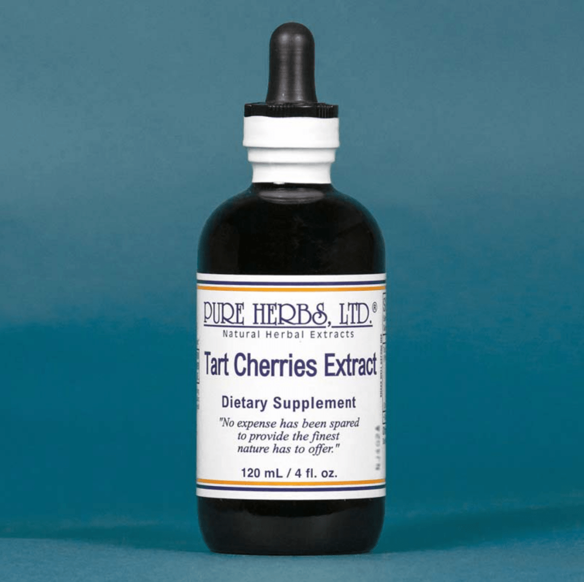 A dark amber glass bottle of Pure Herbs, Ltd. Tart Cherries Extract dietary supplement with a white label and black dropper cap, set against a solid blue background.
